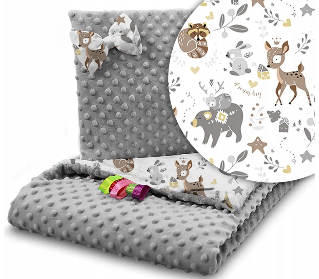 BabiM Deka do kočíka + vankúš 75x100 Minky Animals Farba: biela-srnka