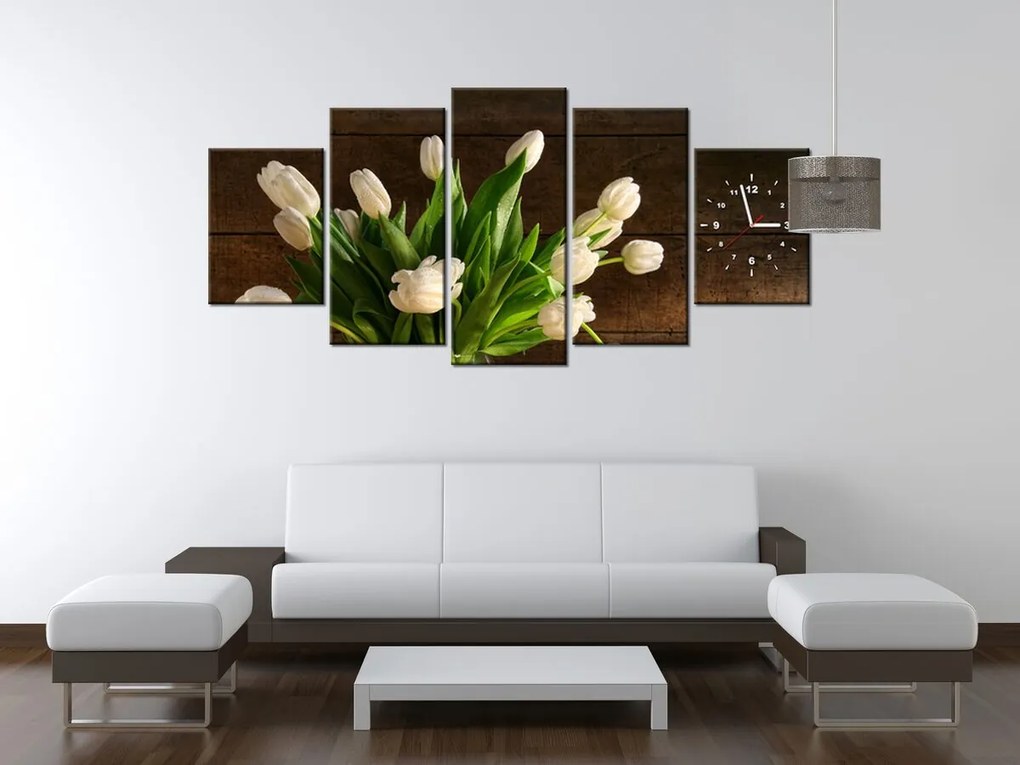 Gario Obraz s hodinami Očarujúce biele tulipány - 5 dielny Rozmery: 150 x 70 cm