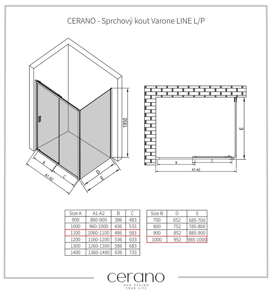 CERANO - Sprchovací kút Varone LINE L/P - čierna matná, transparentné sklo - 110x100 cm - posuvný, CER-CER-DY505B-90-197