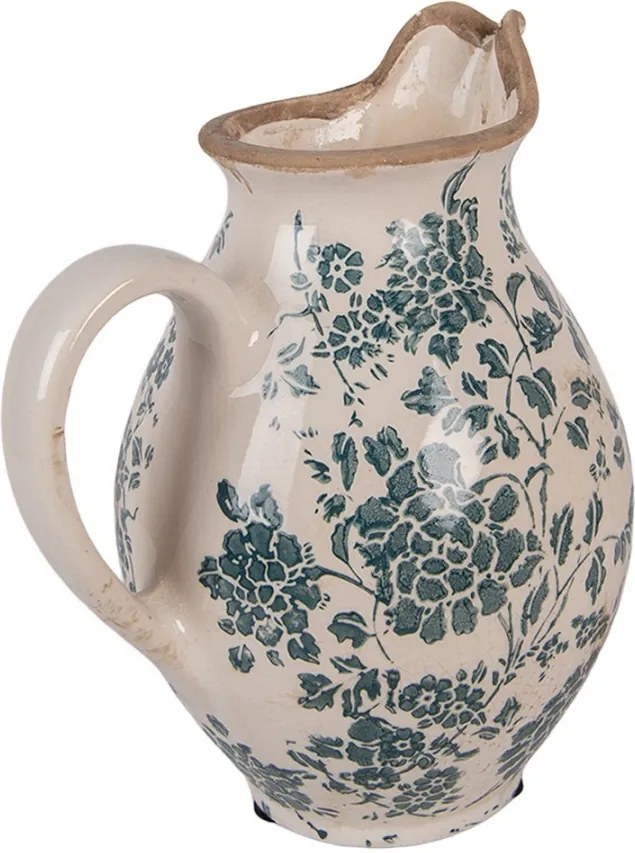 Retro béžový keramický dekoračný džbán s kvetmi S - 16*12*19 cm
