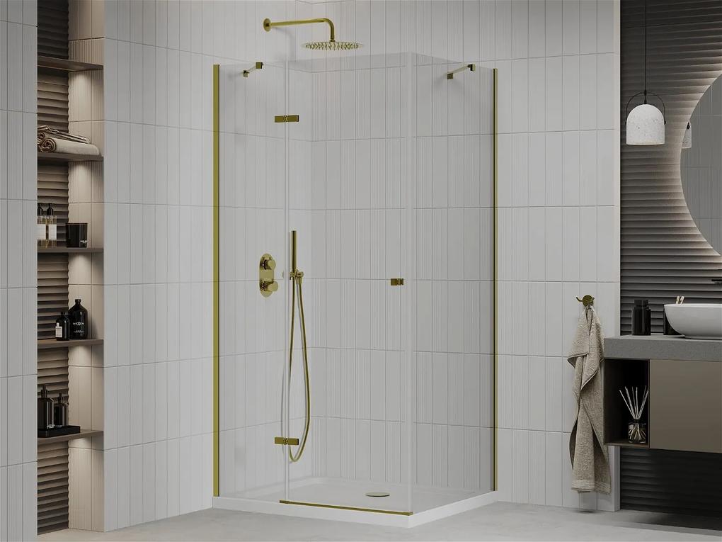 Mexen Roma, sprchovací kút 90 (dvere) x 70 (stena) cm, 6mm číre sklo, zlatý profil + slim sprchová vanička 5cm, 854-090-070-50-00-4010