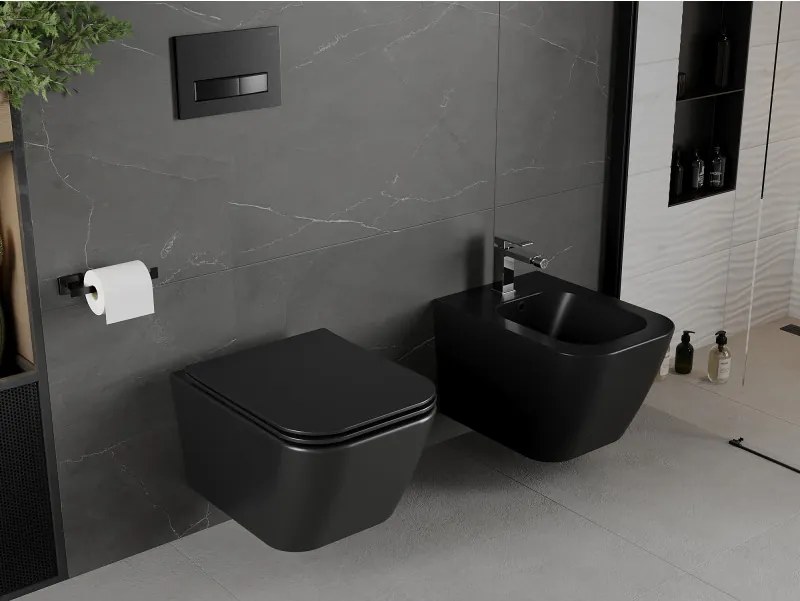 Mexen Madox, Rimless závesná wc misa 515x365x350 mm s pomaly padajúcim sedátkom SLIM z duroplastu, čierna matná, 30154070