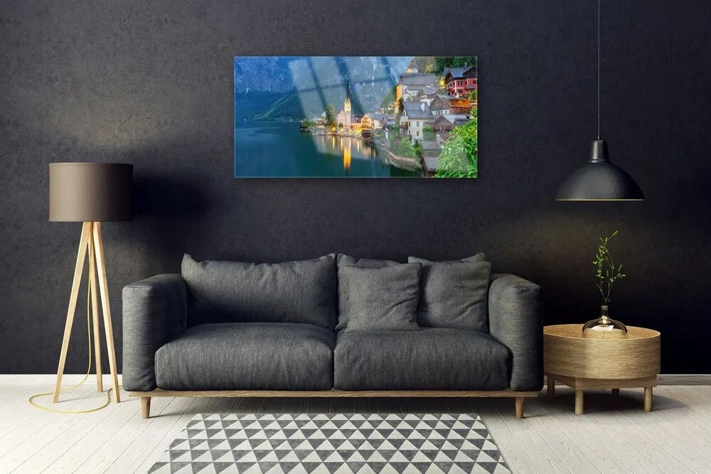 Skleneny obraz Hory mestečko noc jazero 100x50 cm