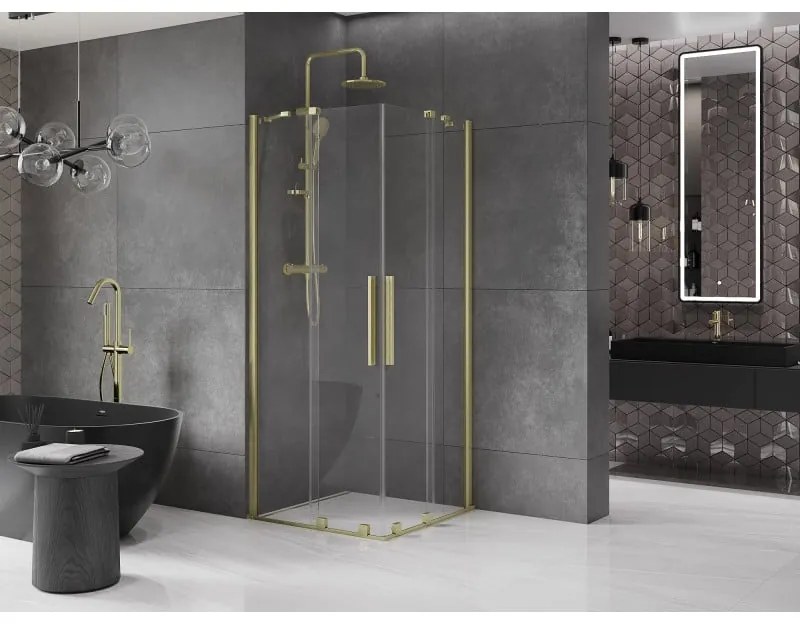 Mexen Velar Duo, sprchový kút s posuvnými dverami 90(dvere) x 90(dvere) cm, 8mm číre sklo, zlatý matný profil, 871-090-090-02-55