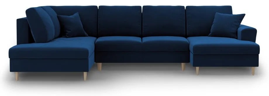 Modrá zamatová rozkladacia/s úložným priestorom rohová pohovka (ľavý roh/do "U") Kyoto – Cosmopolitan Design
