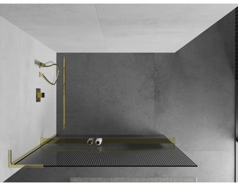 Mexen Kioto+ L, sprchová zástena Walk-In s poličkou a vešiakom 80 x 200 cm, 8mm sklo s rebrovým vzorom, zlatý lesklý profil,800-080-123-50-09