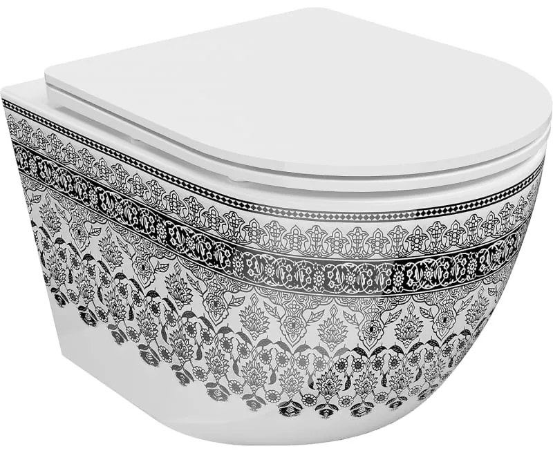 Mexen Lena, závesná WC misa Rimless s duroplastovým sedátkom s pomalým zatváraním, biela-čierny vzor, 30224095