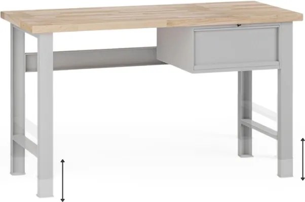 Výškovo nastaviteľný dielenský stôl G7, buková škárovka, 1500 x 685 x 840-1040 mm, 1x kontajner, 1 zásuvka, sivá