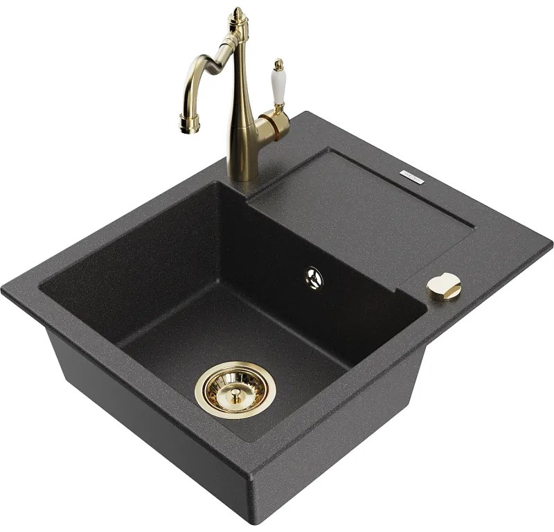 Mexen Enzo, 1-komorový granitový drez 576x465x174 mm a drezová batéria Carla, čierna škvrnitá, 6506-76-670700-50