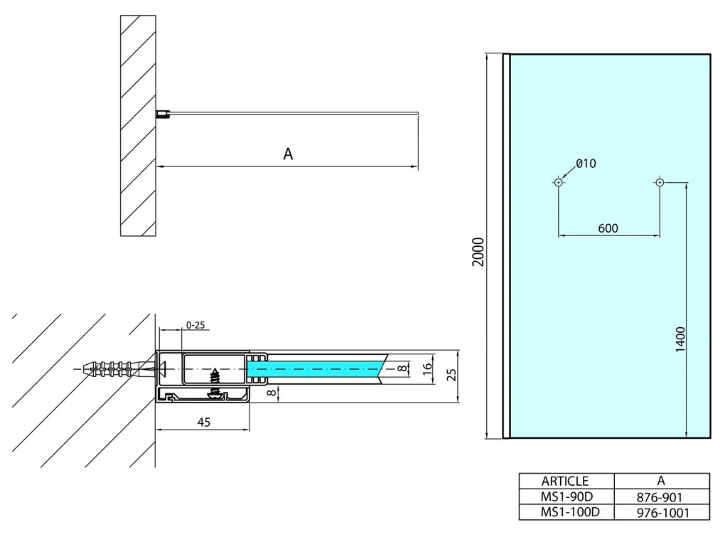 Polysan Polysan, MODULAR SHOWER stena na inštaláciu na múr, jednodielna, 1000 mm s otvormi na držiak uterákov, MS1-100-D