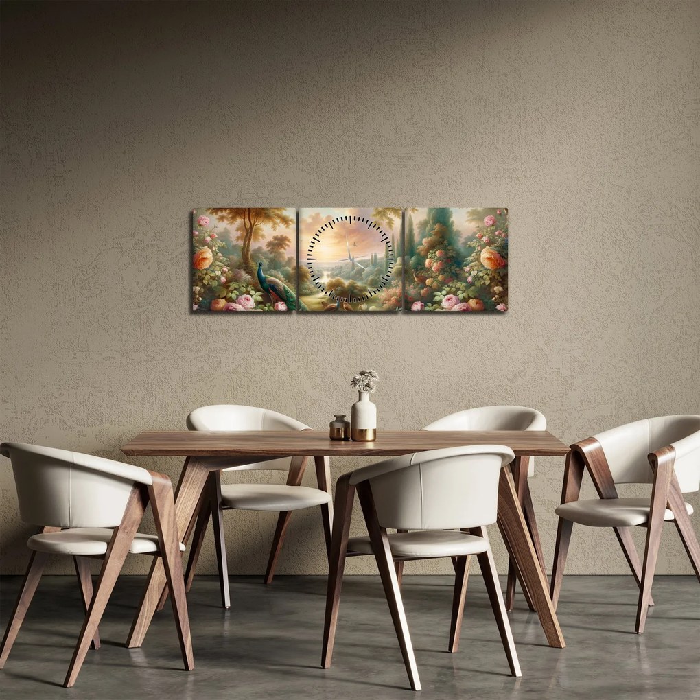 Obraz - Pávy v záhrade (s hodinami) (90x30 cm)