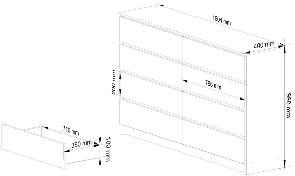 Komoda Kuba 160 cm 8 zásuviek biela/dub sonoma