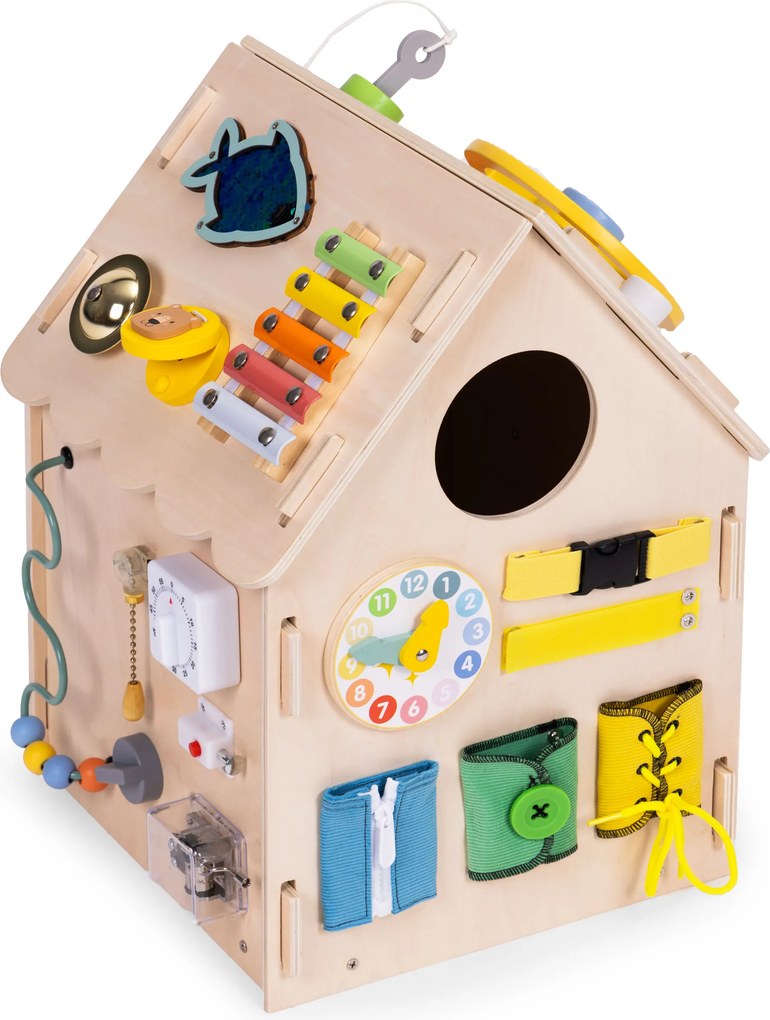 Drevený manipulačný domček ECOTOYS XXL – edukatívna hračka a organizér 30 aktivít (3+)