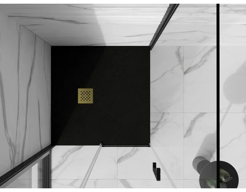 Mexen Stone+, štvorcová vanička z minerálneho kompozitu 70 x 70 cm, čierna, zlatá lesklá krytka, 44707070-G