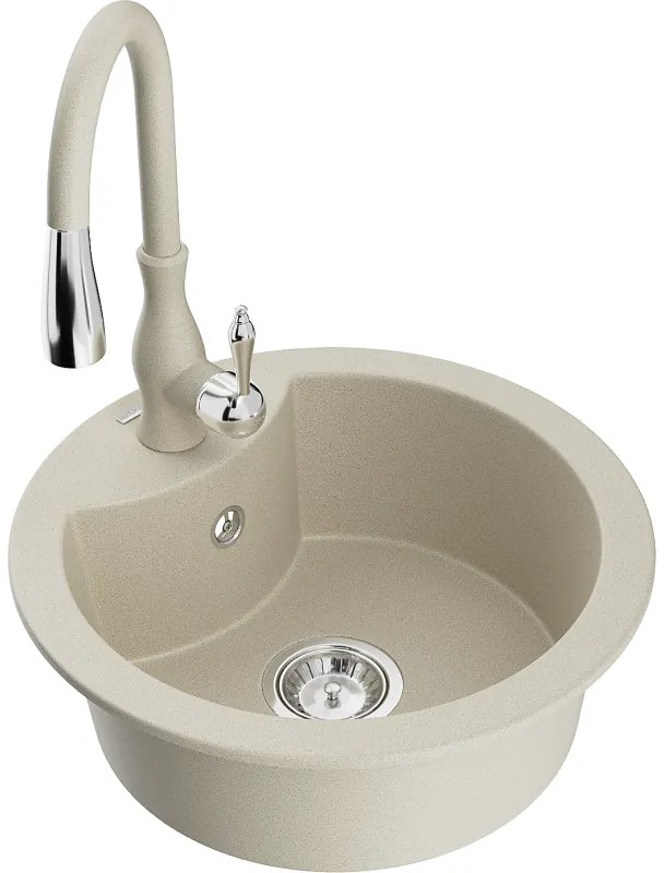 Mexen Diego, 1-komorový granitový drez 488x488x167 mm a drezová batéria Savita, béžová, 6512-69-672601-69