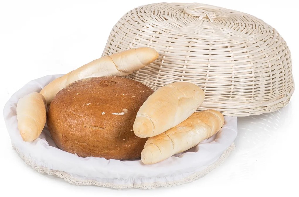 Chlebník prútený bielený okrúhly s látkou Musette IV.priemer 33 x v. 13(cm)