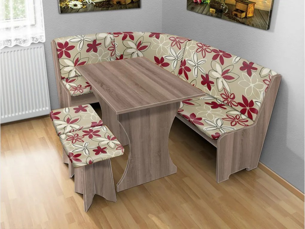 Nabytekmorava Jedálenská rohová lavica sa štokrlemi a stolom farba lamina: buk 381, čalúnenie vo farbe: Alova hnedá