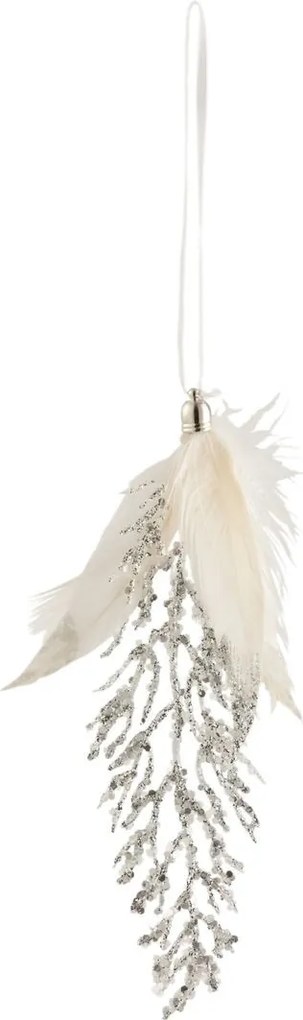 Závesná ozdoba strieborná vetvička s bielymi pierkami - 8*2*18 cm
