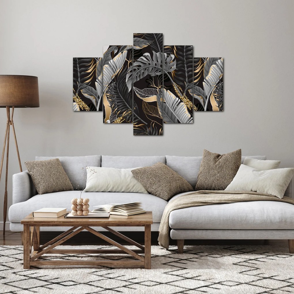 Obraz - Tropické listy v čierno-zlatej (150x105 cm)