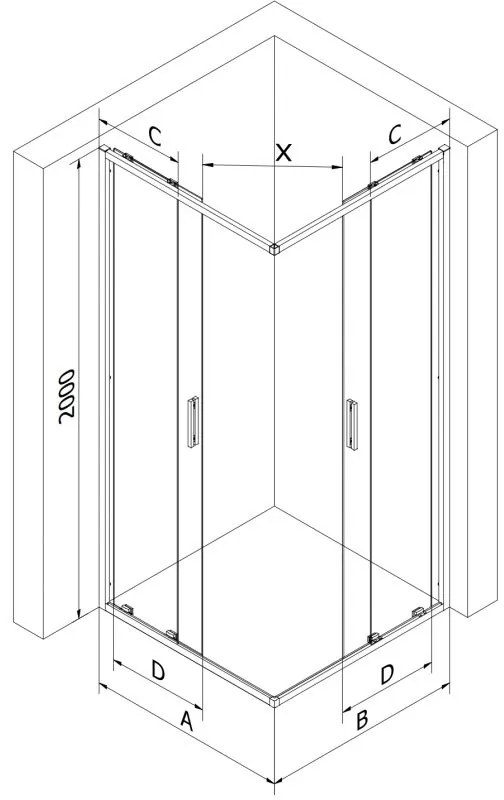 Mexen Exo, štvorcový sprchovací kút s posuvnými dverami 70x70 cm, 6mm číre sklo, chrómový profil, 8111-070-070-01-00