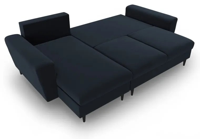 Tmavomodrá zamatová rozkladacia/s úložným priestorom rohová pohovka Kyoto – Cosmopolitan Design