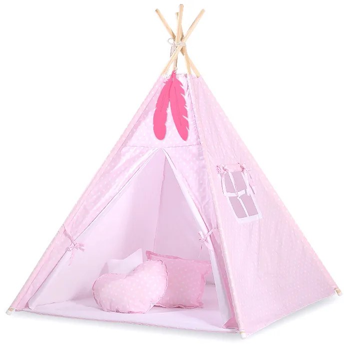 Bobono Stan Teepee pre deti + podložka na hranie + ozdobné pierka - Biele bodky na ružovej