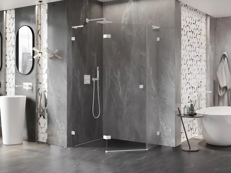 Mexen Lunar, L päťuholníkový sprchový kút naklápací doľava 90 x 80 cm, 8mm číre sklo, biely profil, 831L-090L-080P-20-00-L