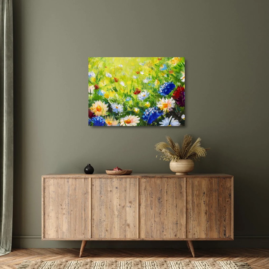 Sklenený obraz rozkvitnutej lúky, olejomaľba (70x50 cm)
