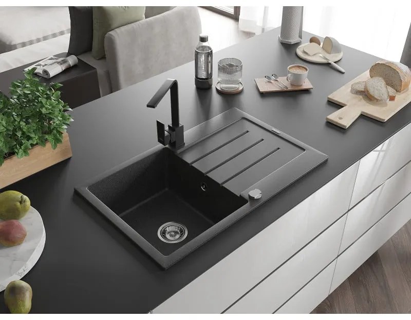 Mexen Bruno, drez granitový 795x495x200 mm, 1-komorový, čierna škvrnitá s chrómovým sifónom a čierna drezová batéria Rita, 6513-76-670300-70