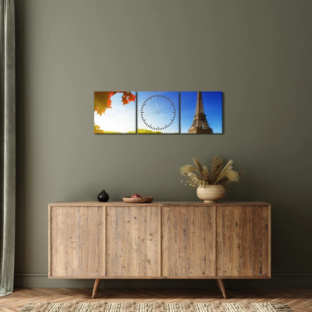 Obraz - jeseň v Paríži (s hodinami) (90x30 cm)