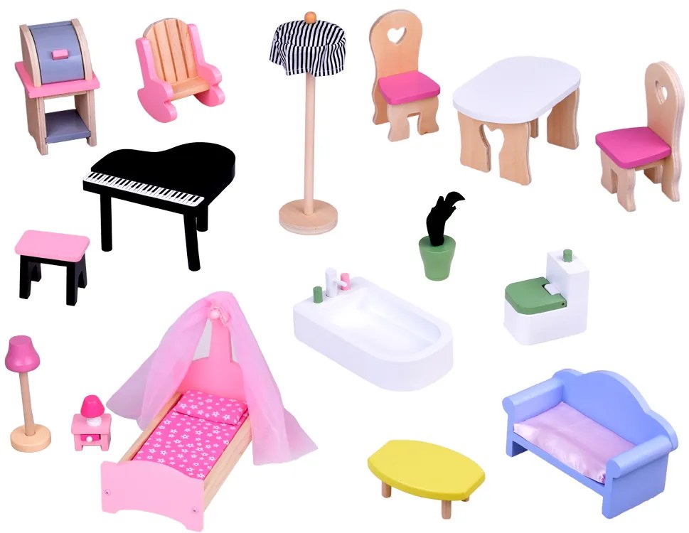 Veľký drevený domček pre bábiky s výťahom, garážou, balkónom a nábytkom – ZA5388