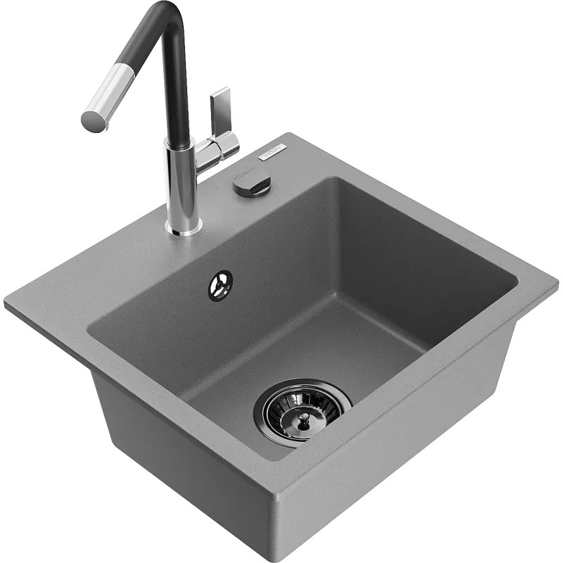 Mexen Milo, 1-komorový granitový drez 435x410x171 mm a drezová batéria Flora, šedá, 6505-71-670401-07-B