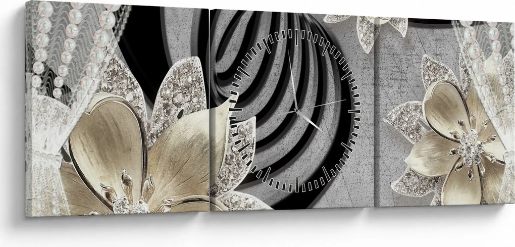 Obraz - 3D zlaté kvety (s hodinami) (90x30 cm)