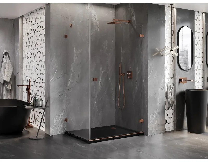 Mexen Lunar-B, pravostranný výklopný sprchový kút 95 x 90 cm, 8mm číre sklo, profil ružové zlato, 832-095-090-60-00-P