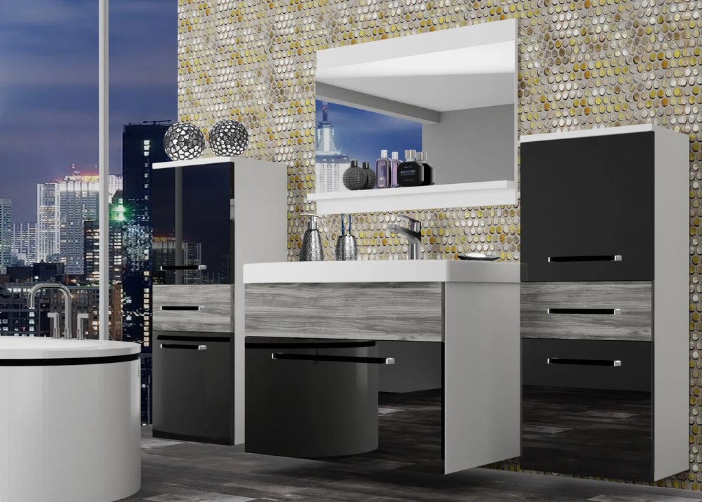 Kúpeľňový nábytok Belini čierny lesk / šedý antracit Glamour Wood + umývadlo + zrkadlo ROD PM 4/0/W/BGW/0/ZW