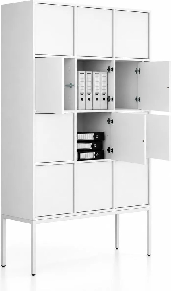 Kancelárska skriňa FRAME, biela podnož, 12x dvere, 1299 x 450 x 2185 mm, PUSH-lock, biela