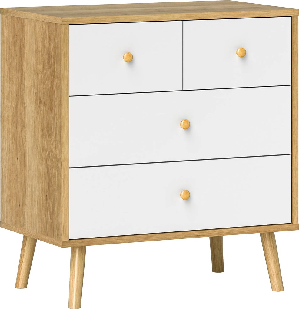 HOMCOM 4-zásuvková komoda do spálne s drevenými úchytkami, úzka komoda do obývačky a chodby 60x35x65 cm dub a biela | Aosom