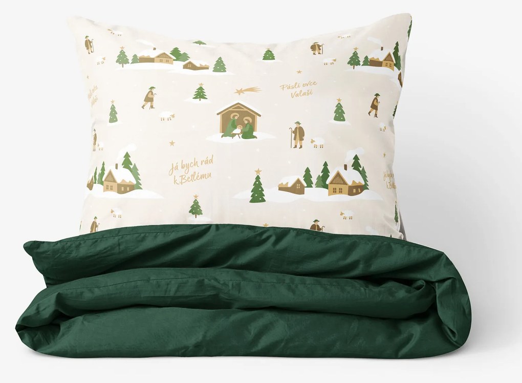 Goldea vianočné bavlnené posteľné obliečky duo - pásli ovce valaši s tmavo zelenou 150 x 200 a 50 x 60 cm