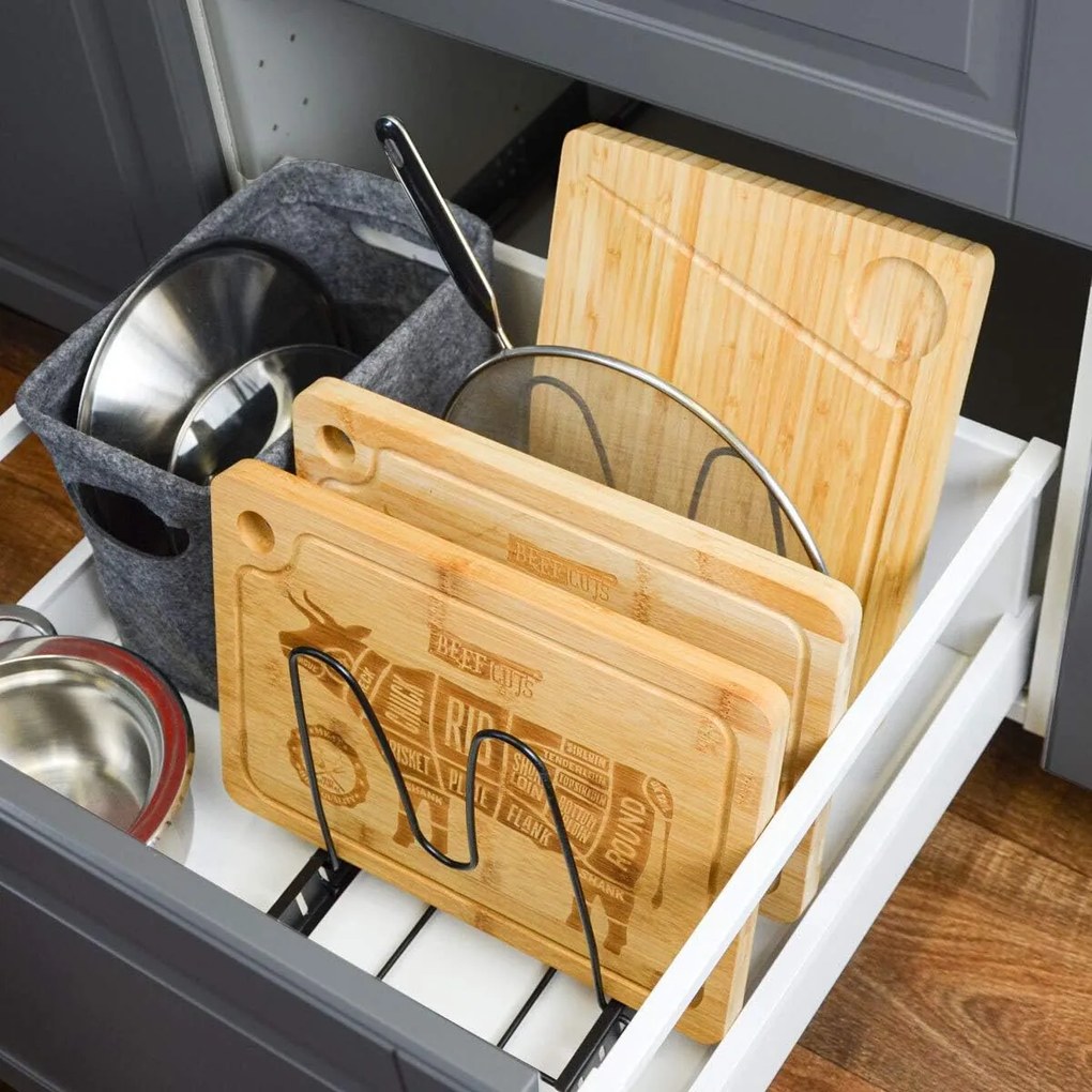 Goodhome Organizér na pokrievky a panvice, čierny, 11 flexibilných priehradiek, nastaviteľná šírka 28 - 57 cm MERLIN