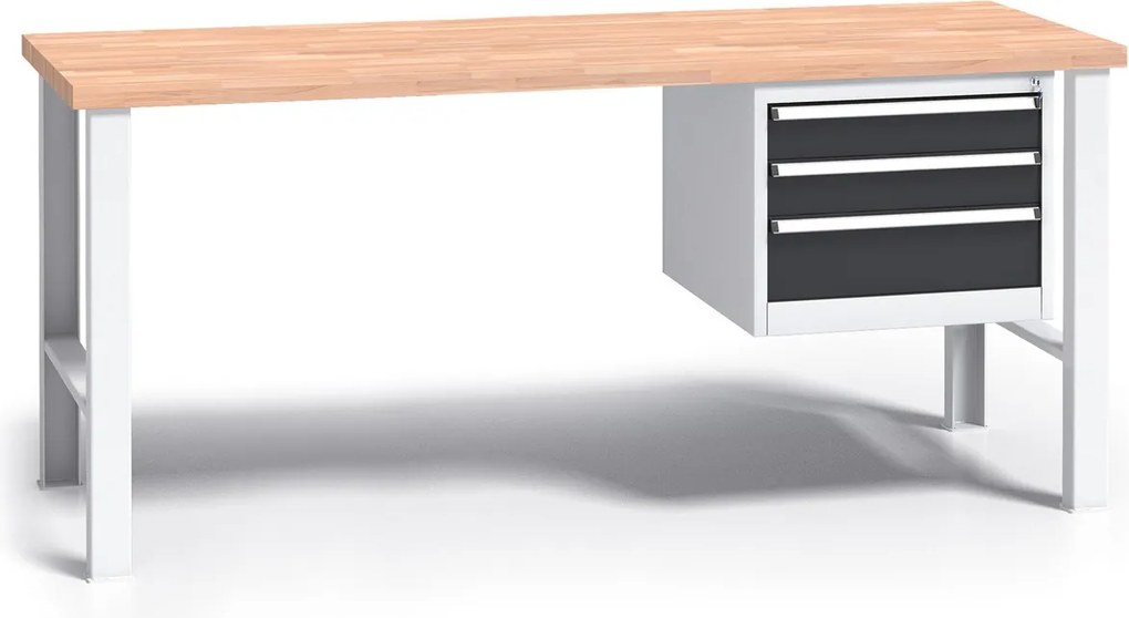 Pracovný stôl do dielne G3 so závesným boxom na náradie, buková škárovka, 3 zásuvky, pevné kovové nohy, 1700 mm, grafit
