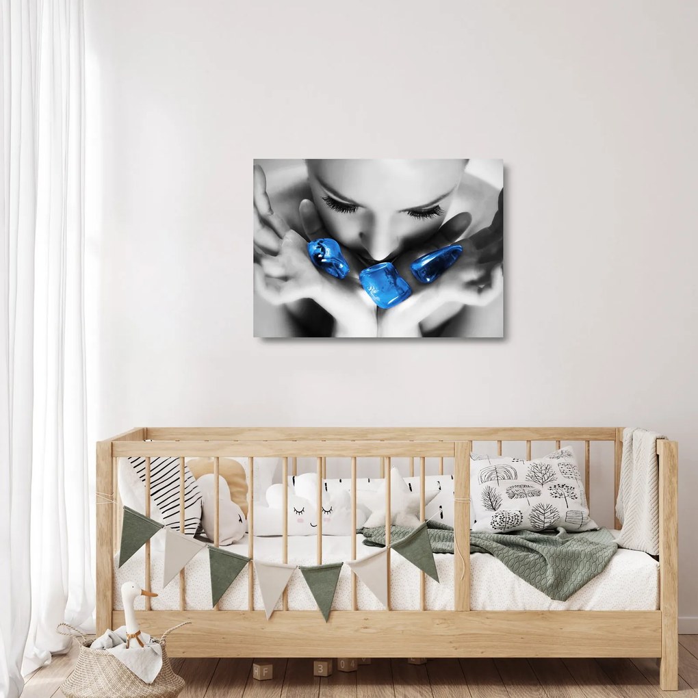 Sklenený obraz portrétu ženy s kameňmi (70x50 cm)