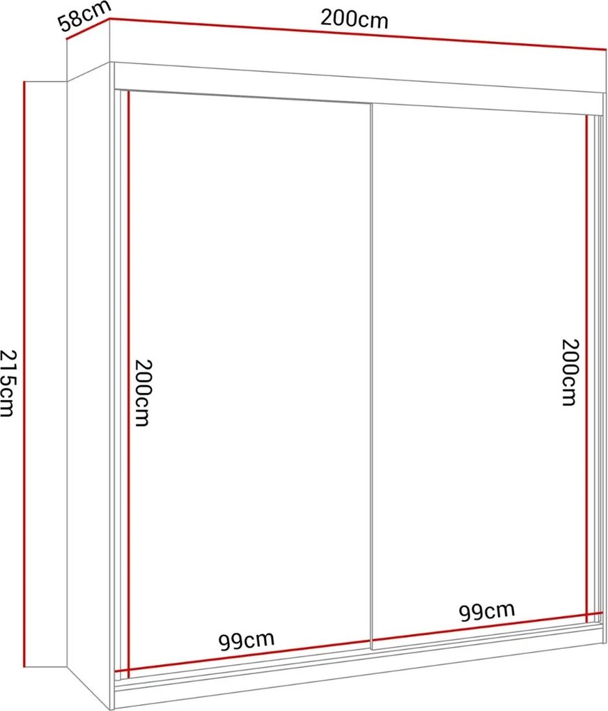 Šatníková skriňa s posuvnými dverami MARBELA Bielý lesk 200 x 215 x 58