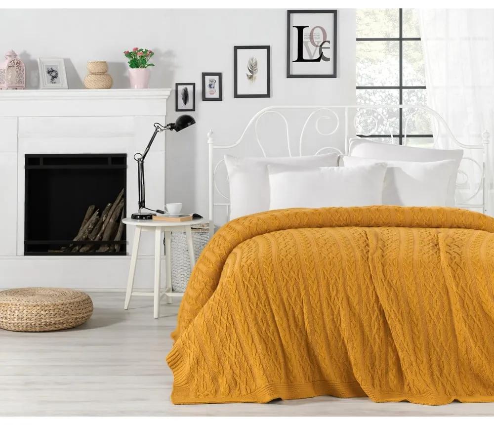 Horčicovožltá prikrývka cez posteľ Knit, 220 x 240 cm