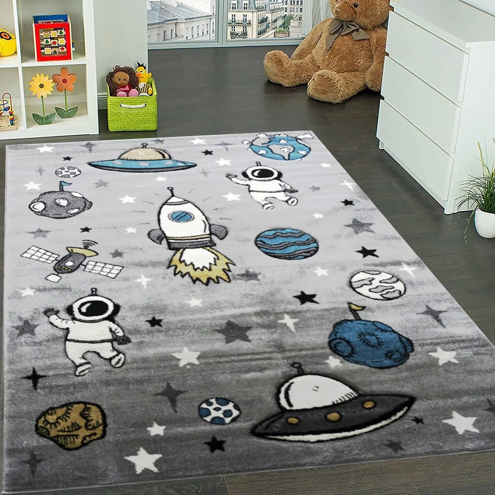 BE Detský koberec Smart Kids 22924 GREY – sivý obdĺžnikový, vesmír Rozmer: 160x230 cm