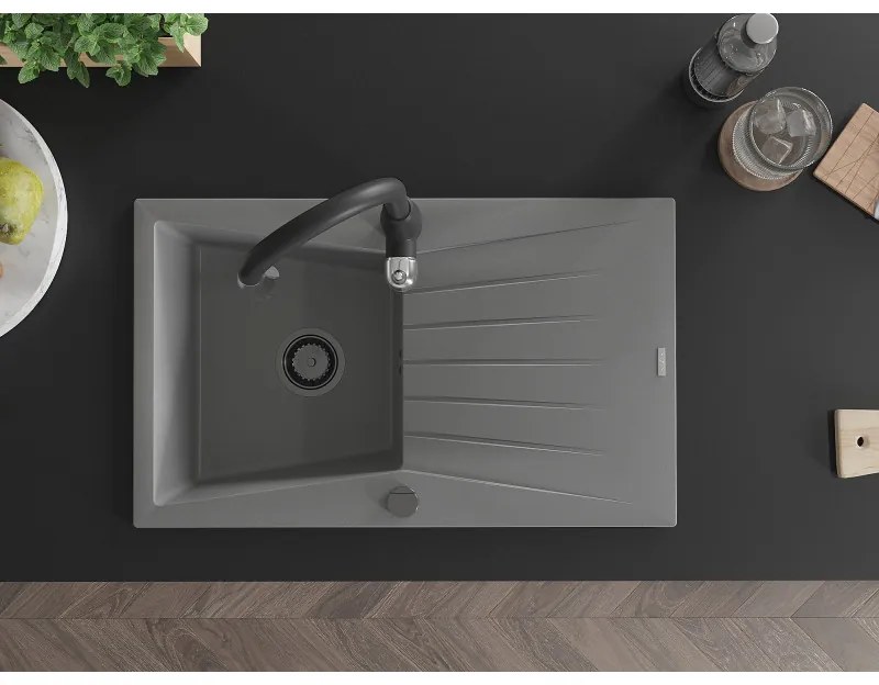Mexen Cesar, 1-komorový granitový drez 775x470x190 mm a drezová batéria Savita, šedá, 6514-71-672601-70-B