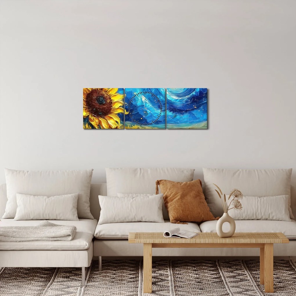 Obraz - Maľba slnečníc (s hodinami) (90x30 cm)