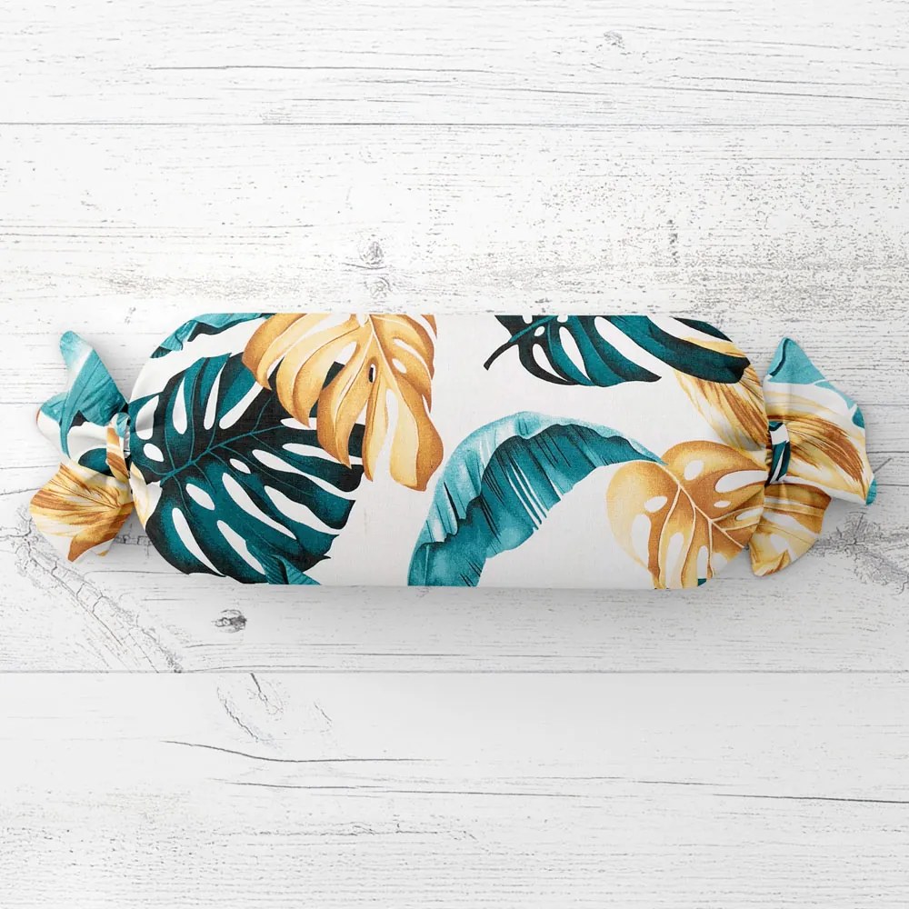 Biante Vankúš valec bonbon Sandra SA-500 Modrozelené a zlaté tropické listy 15x40 cm