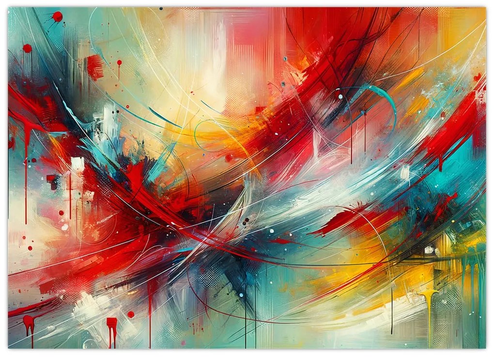 Sklenený obraz – Abstrakcia s červenou (70x50 cm)