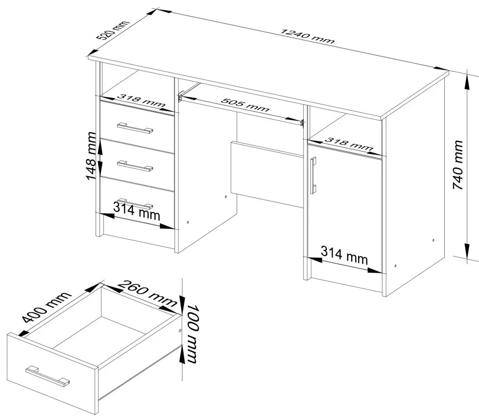 Volně stojící psací stůl Ana 124 cm dub sonoma/bílý