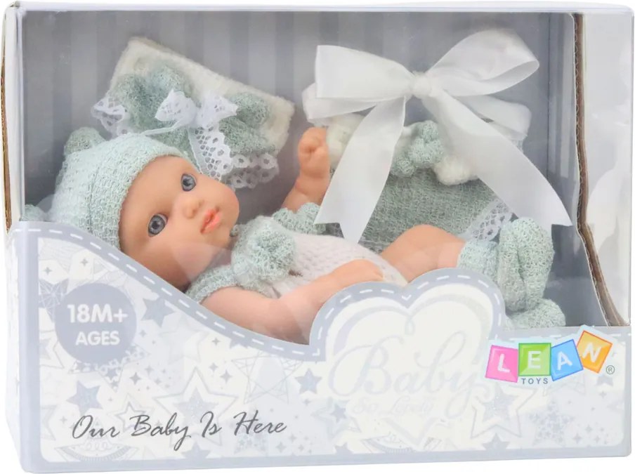 LEAN Toys Bábika bábätko v sivom oblečení, čiapka a slintáčik 18 cm